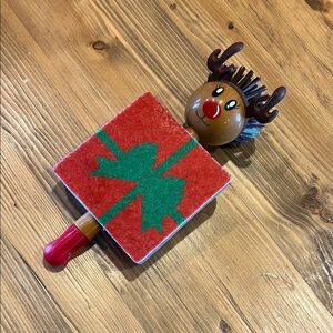 Reindeer Scrub Brush with Red and Green Gift Design